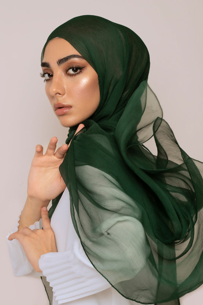 Dark Emerald Crinkled Silk Chiffon Hijab